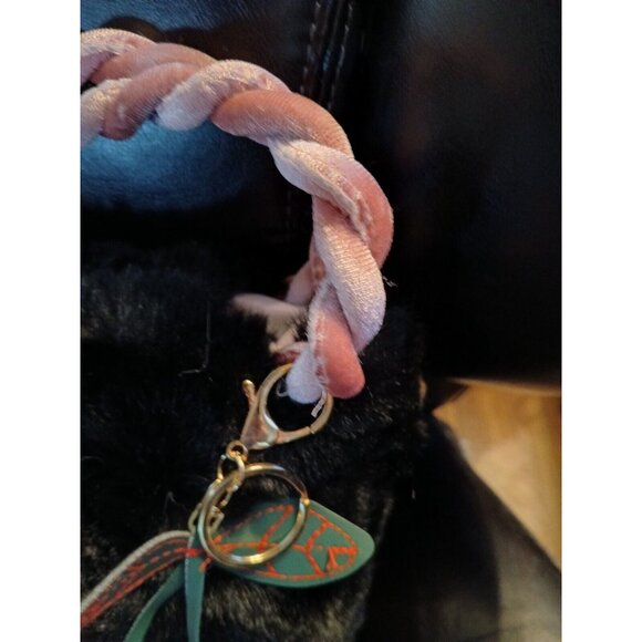 Plush BLACK Fur Bucket Bag Two PINK Pom Pom CHERRIES Fall School Trendy - Picture 10 of 12